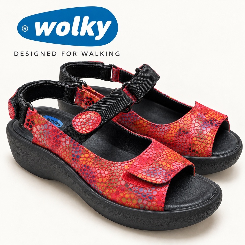 Wolky Red Snake Print Leather Platform Wedge Sandals Size 39